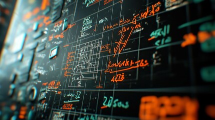 Poster - Dynamic animation of vibrant mathematical formulas flowing across a grid, set against a sleek black background, illustrating complex concepts in a visually engaging manner.