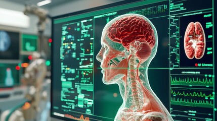 Poster - Human Anatomy Scan Visualization, intricate digital representation of a human body scan with overlaying health data on a vibrant green virtual interface