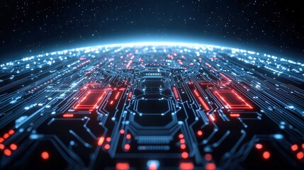 Poster - Endless Journey Across a Dark Circuit Board Landscape, intricate patterns, futuristic ambiance, limitless exploration, technology-inspired visual depth, immersive digital experience