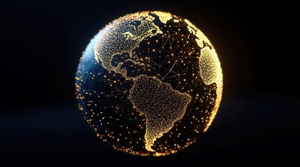 Poster - Global Connectivity Sphere, an abstract representation of Earth's surface composed of particles, symbolizing the intricate web of technology and big data networks.