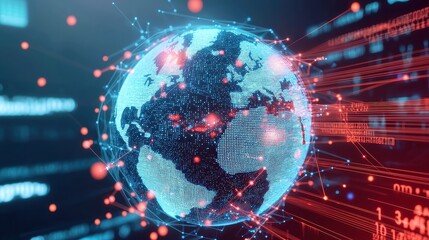 Poster - Global Connectivity Through Particles, An abstract 3D representation of Earth as a globe composed of particles, symbolizing the interconnectedness of technology and big data networks.
