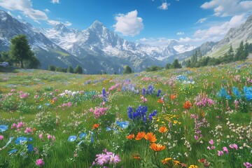 Wall Mural - Vibrant alpine meadow flourishing with colorful wildflowers against majestic snow capped mountains