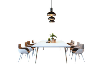 Poster - Elegant dining table with chairs and a pendant lamp, minimalist style, white background, concept of modern interior design. 3D Rendering.