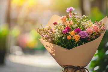 Aufkleber - Colorful flower bouquet wrapped in kraft paper with natural background and soft sunlight. Generative AI