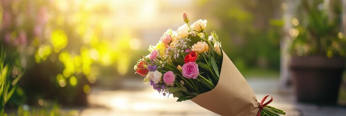Poster - Colorful flower bouquet wrapped in kraft paper with sunlit background and space for text. Generative AI