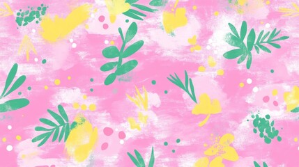 Poster - Pink Floral Abstract Art with Green Leaves