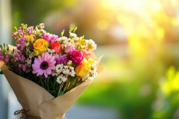 Aufkleber - Colorful flower bouquet wrapped in kraft paper perfect for special occasions or celebrations in a bright environment. Generative AI
