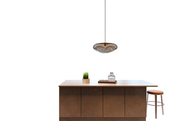 Aufkleber - Kitchen island with stool, hanging lamp, and decor items, clean white background, minimalist style, isolated concept, 3D Rendering
