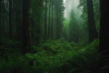 Poster - A misty morning in a dense forest with sunlight breaking through the trees