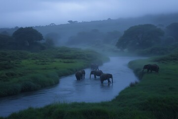 Wall Mural - A herd of elephants crossing a river at dawn, the scene shrouded in mist