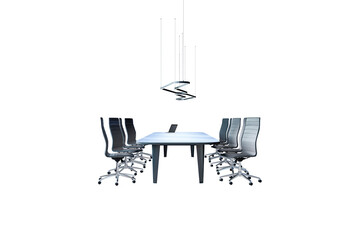 Aufkleber - Office conference table with ergonomic chairs and a modern hanging light above, isolated on a white background, clean layout concept. 3D Rendering.