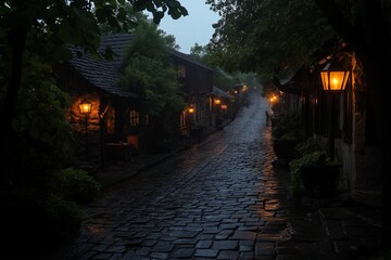 Poster - A cobblestone street lit by vintage lanterns, with the soft glow reflecting off rain-soaked stones. 