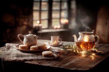 A cozy firelit Irish home interior, with a teapot and scones on the table and warm textures throughout