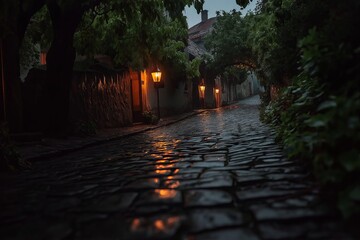 Poster - A cobblestone street lit by vintage lanterns, with the soft glow reflecting off rain-soaked stones. 