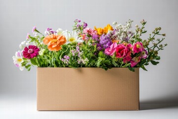 Aufkleber - Colorful fresh flowers in a cardboard delivery box with plenty of space for your creative text placement. Generative AI