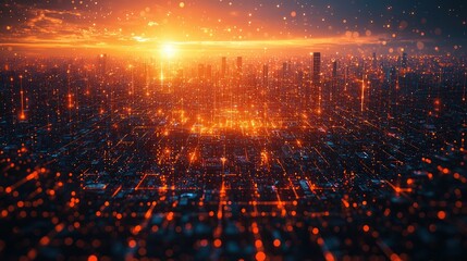 Poster - Futuristic cityscape with glowing digital elements.