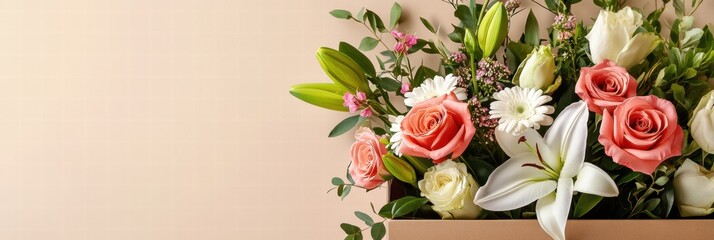 Aufkleber - Delivery box in mocha mousse color overflowing with vibrant, fresh flowers for a cheerful occasion or celebration. Generative AI