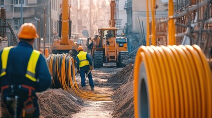 Urban construction workers installing cables.