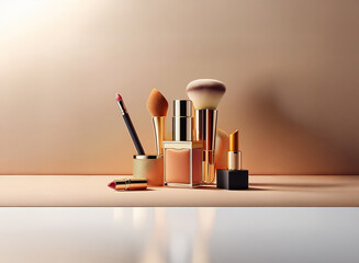 A minimalist still life showcasing makeup essentials: lipstick, foundation, brush, and sponge.  Warm, earthy tones create a sophisticated aesthetic.