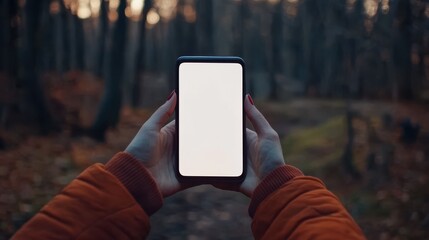 Poster - Woman hand holding smartphone with blur bokeh. Blank screen mobile phone for graphic display montage