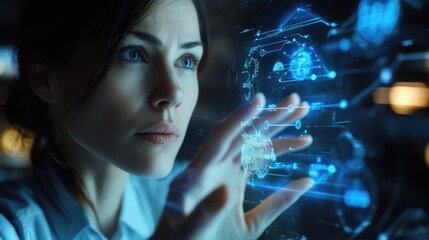 Poster - businesswoman hand pushing icon Ui of Cloud Computing Technology Internet Storage Network Concept