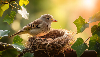 Wall Mural - A bird stands watch over its nest, comfortably settled among lush, ivy-covered branches. This moment captures the essence of springtime, radiating warmth and new beginnings