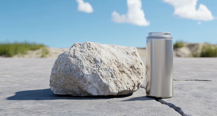 Poster - A rock beside a metallic can on a textured surface under a blue sky.
