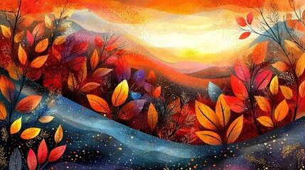 Wall Mural -   A stunning depiction of a sunset over a mountain with lush trees in the foreground and an intense orange sky as the backdrop