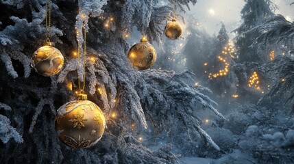 Wall Mural - golden ornaments hanging from a frosted christmas tree with glowing lights in a cozy winter setting