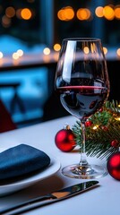 Poster -   A red wine glass sits on a table with a Christmas ornament nearby