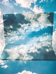 Poster - Abstract laptop on sky background. Cloud computing and device concept. Double exposure.