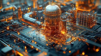 Poster - Futuristic industrial landscape with glowing structures.