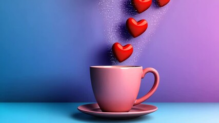 Poster - Pink cup with hearts on it sits on a blue table. The cup is filled with coffee, and the hearts are scattered around it. Concept of warmth and love, as the cup