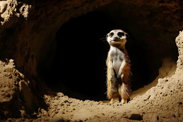 Meerkat standing alert outside its sandy burrow, symbolizing wildlife vigilance