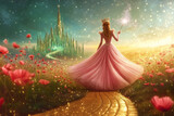 Back view of a blonde fairy princess in pink with a wand in a magical green kingdom with poppies and a yellow road.