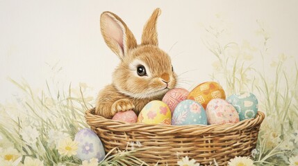 Wall Mural - Adorable little bunny sitting in a decorative basket filled with colorful easter eggs, surrounded by festive spring decorations, perfect for celebrating the joyful holiday season and capturing the spi