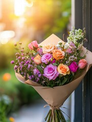Aufkleber - Colorful flower bouquet wrapped in kraft paper with vibrant blooms and space for text in garden setting. Generative AI