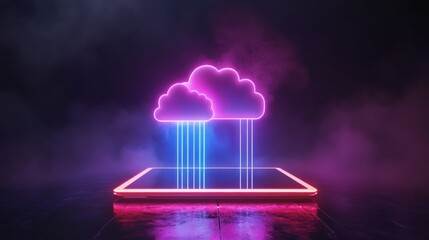 Poster - neon light showing cloud computing on tablet computer. neon light showing cloud computing on tablet computer. AI Generative.