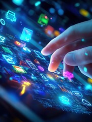 Poster - Cloud technology system with man finger touching digital tablet and digital screen with cloud service application items