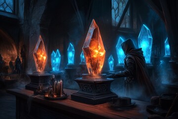 A gothic depiction of iodine crystals glowing eerily in a dark alchemist laboratory