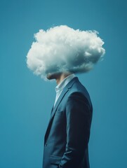 Poster - Side view of cloud headed businessman on blue background with copy space. Computing and confused concept.