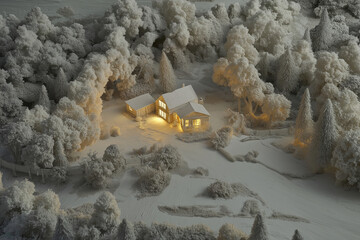 Wall Mural - A winter wonderland scene with snow-covered trees and a cozy cabin emitting soft light