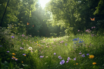 Poster - A tranquil meadow filled with colorful wildflowers and butterflies fluttering around