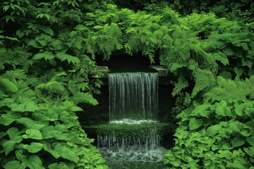 Poster - A small waterfall in the middle of a lush jungle, surrounded by vibrant green foliage.