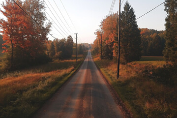 Poster - A quiet countryside road flanked by tall trees in the peak of autumn, their leaves ablaze in orange and red. 