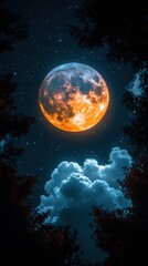 Wall Mural - orange and blue moon over night sky with clouds and trees.