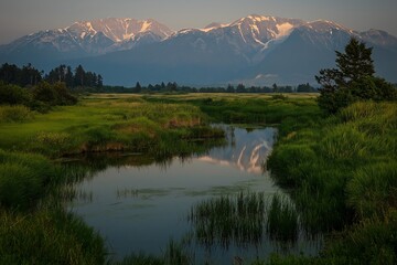 Poster - A calm lake reflecting towering snow-capped mountains at sunset