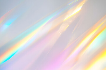 Poster - Blurred rainbow light refraction texture overlay effect for photo and mockups. Organic drop diagonal holographic flare on a white wall. Shadows for natural light effects