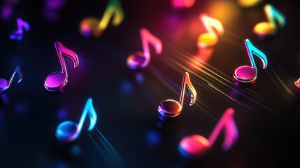 Poster - Colorful 3D music notes glowing on a dark background creating a vibrant atmosphere. Generative AI