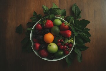 Poster - A bowl of fresh fruit on a wooden table, each fruit textured with intricate details